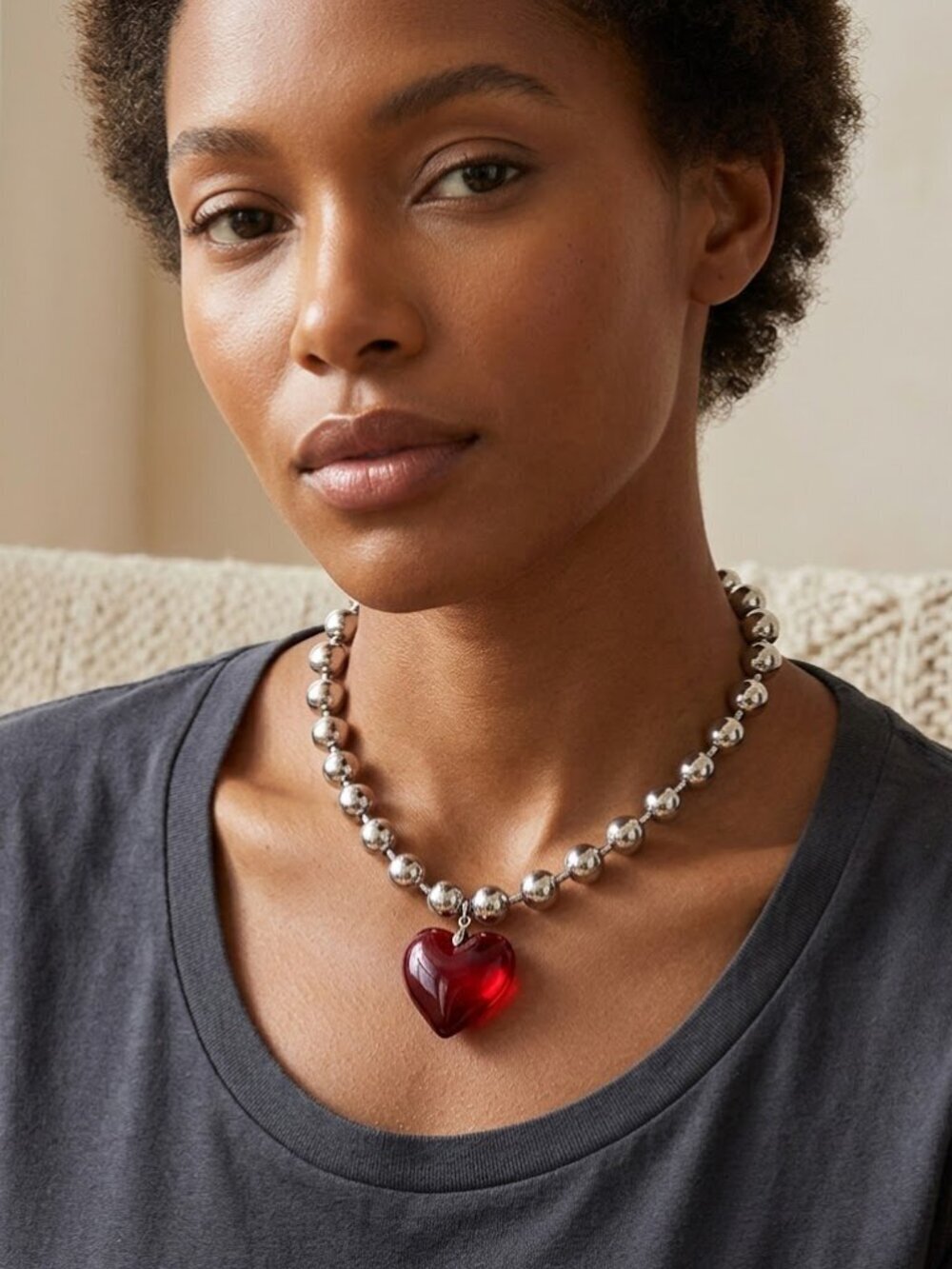 Silver Red Choker Heart Beaded NWT Gift Necklace Sexy Valentine Club Christmas - Picture 6 of 7